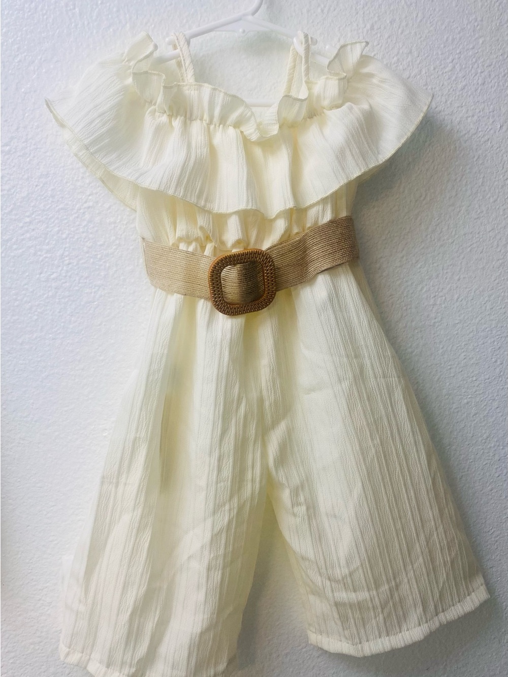 Cream Ruffled Strap Jumpsuit with Woven Belt